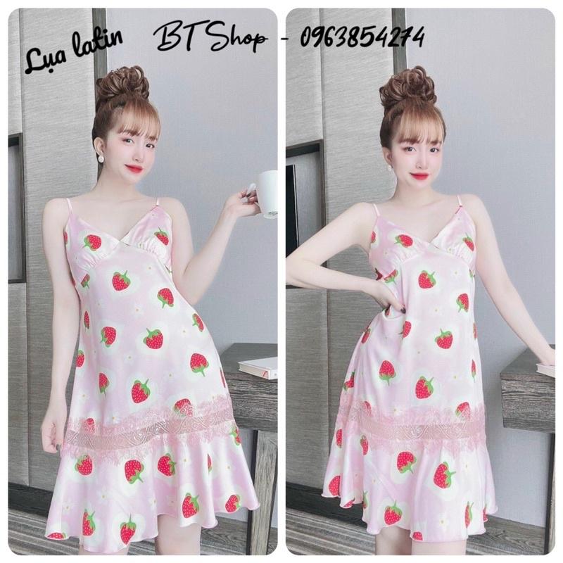 Váy ngủ lụa latin 2 dây đuôi cá phối ren freesize 42-57kg