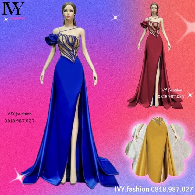 Đầm váy maxi dạ hội phi lụa kết đá cườm tay phồng xẻ đùi cúp ngực vàng đỏ xanh đi biển dự tiệc dạo phố bigsize gợi cảm