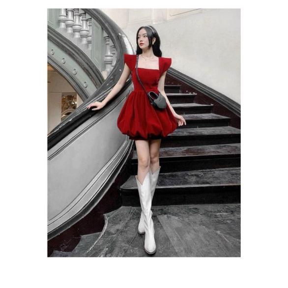 Đầm Xòe Nhung Đỏ Cổ U Đi Chơi Noel & Tết Cực Xinh Xắn BY8368