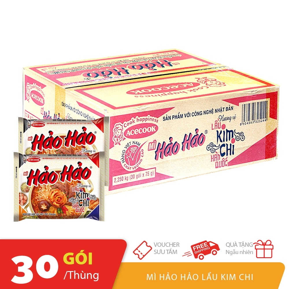 THÙNG 30 GÓI MÌ HẢO HẢO HƯƠNG VỊ LẨU KIM CHI HÀN QUỐC 75GRAM