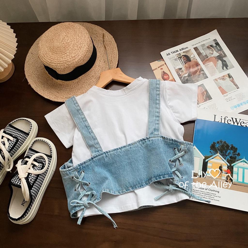 Set áo phông croptop yếm jean đan dây