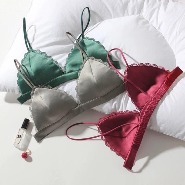  Áo Lót Bralette Vải Satin Dây Mảnh Không Gọng Viền Ren B066