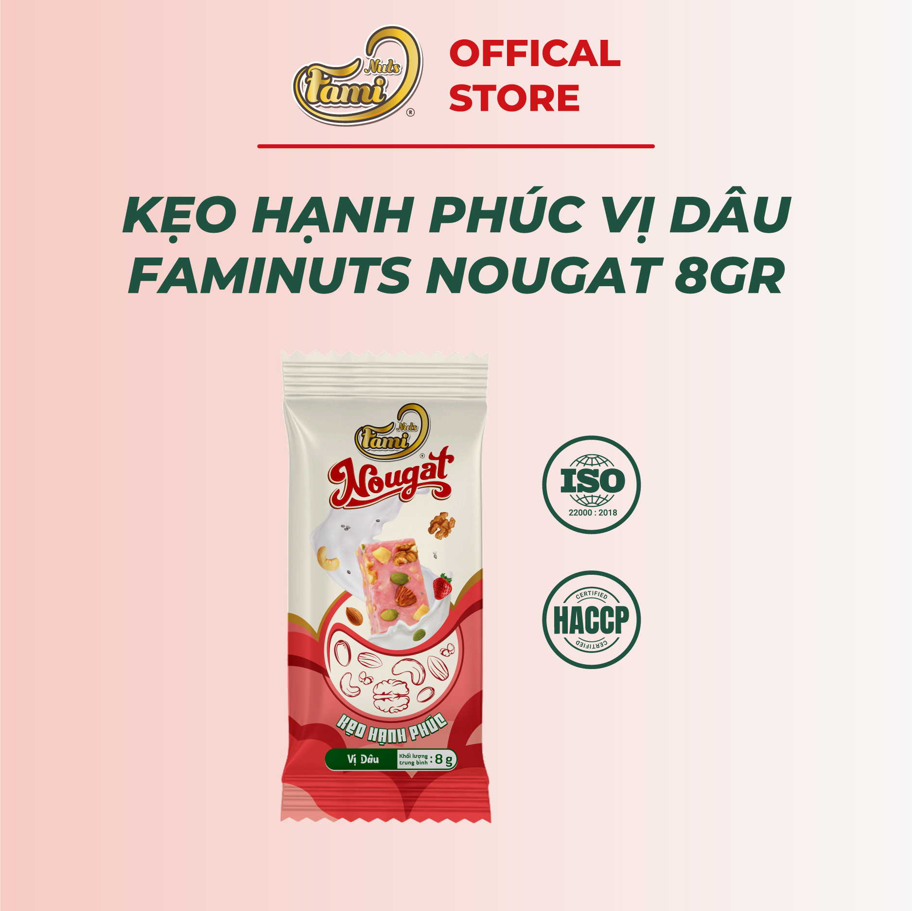 Kẹo Nougat Kẹo ít ngọt - FAMINUTS 5 Loại Hạt Vị Dâu Thơm Ngon