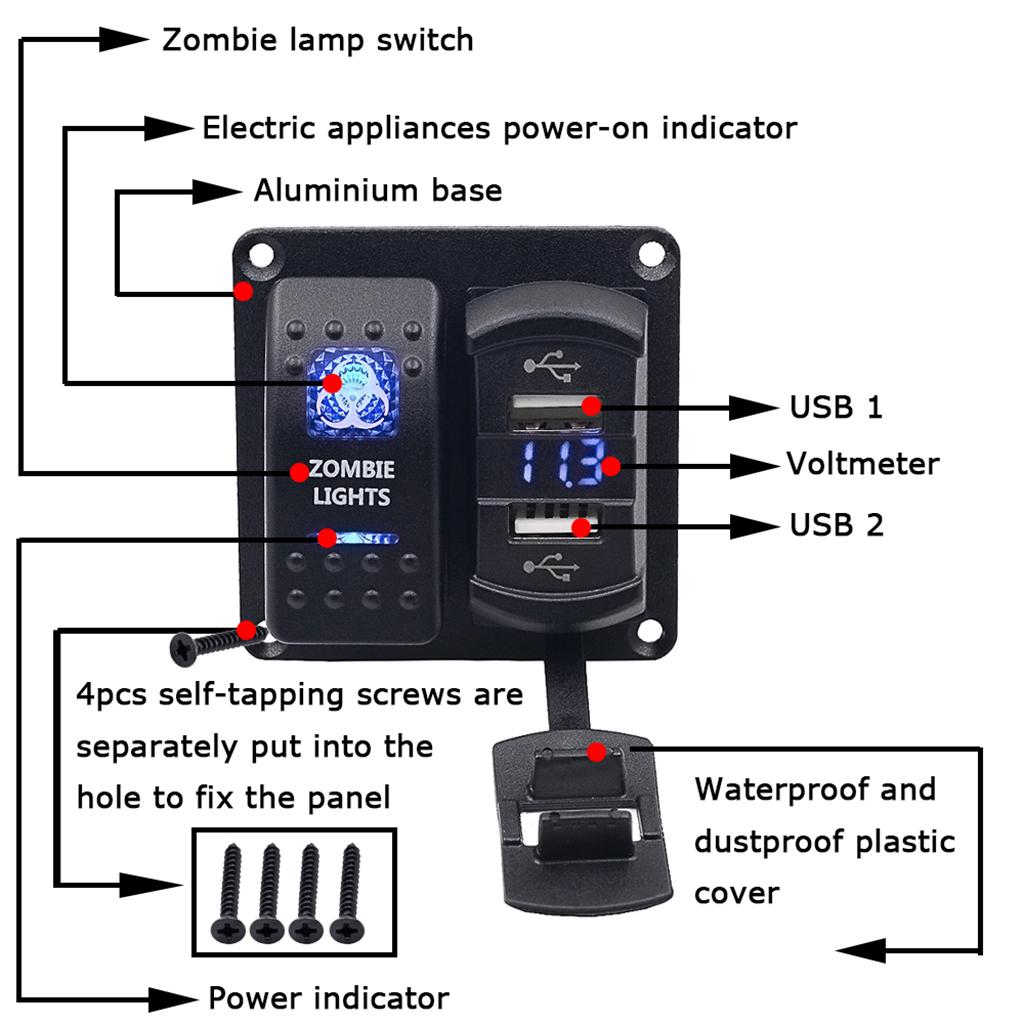 Zombie Lights Push  Dual USB Port Charger + Voltmeter DC 12/24V Car