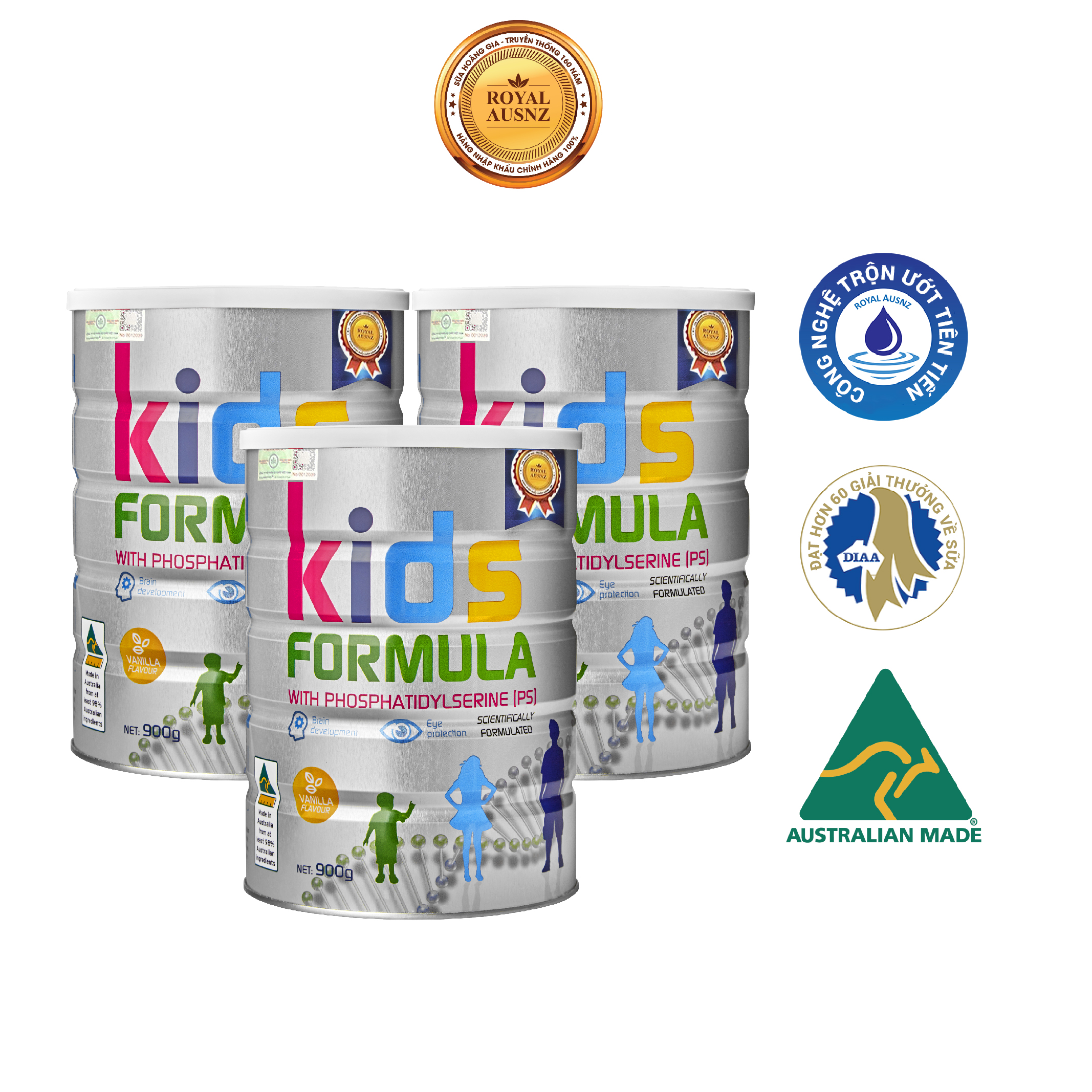 Combo 3 Hộp Sữa Bột Kids Formula ROYAL AUSNZ Bổ Sung Dưỡng Chất Cho Trẻ Từ 3-18 Tuổi 900g/hộp
