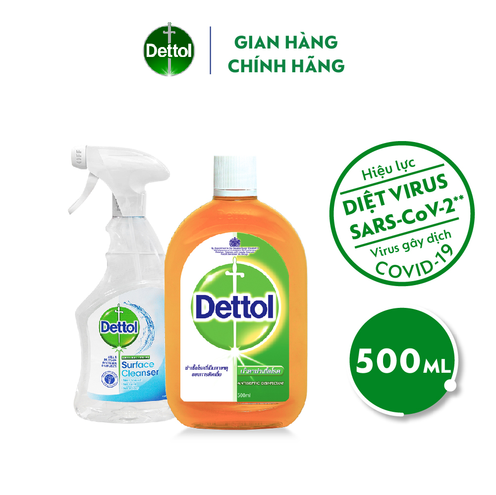 Combo chai dung dịch diệt khuẩn Dettol 500ml + Chai xịt vệ sinh bề mặt kháng khuẩn 500ml + Leaflet