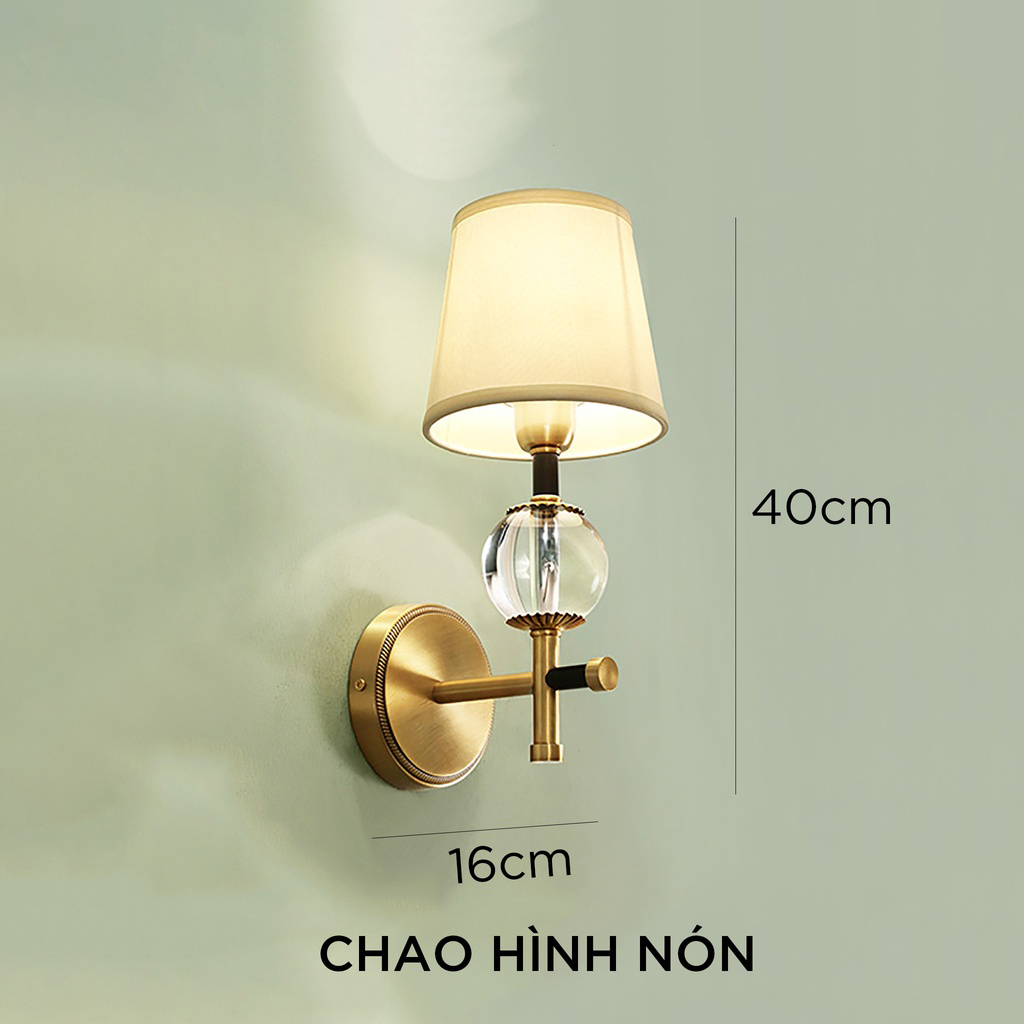 Đèn treo tường phòng khách mạ đồng chao vải kèm bóng