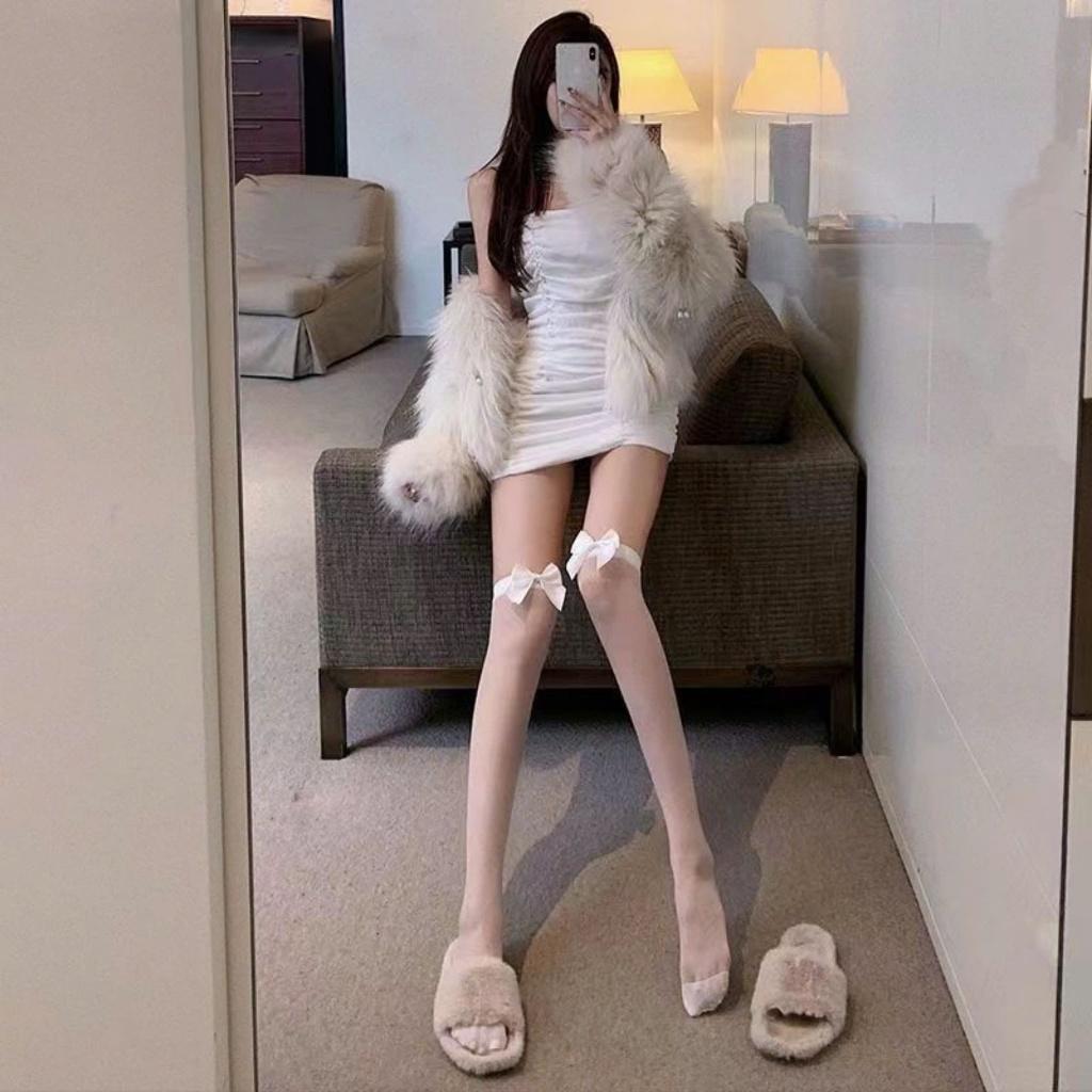Tất đùi, vớ đùi mỏng ĐÍNH NƠ TRƯỚC, tất dài qua gối siu mỏng, viền ren, nơ quyếnrũ, sangchảnh cho nữ Women