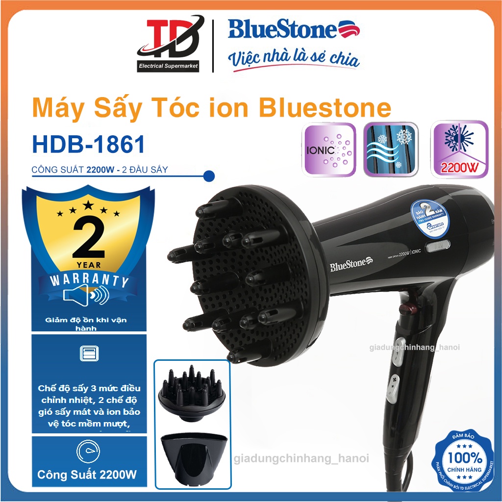 Máy sấy tóc Bluestone HDB-1861, Công Suất 2200W, Hàng Chính Hãng