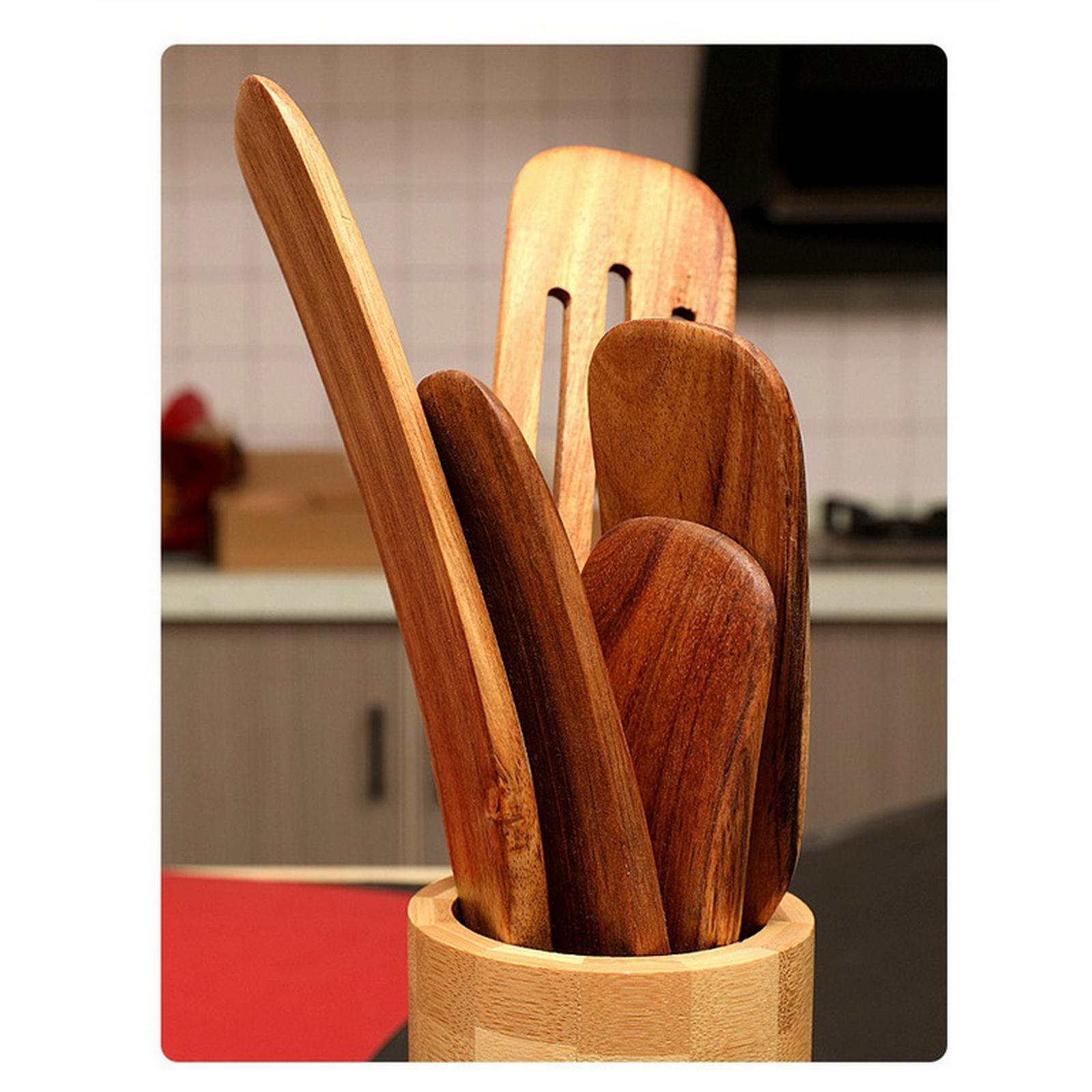 Bộ 5 Không Dính Gỗ Bộ Nồi Có Rãnh Spurtle Thìa Đũa Bếp Khuấy Đồ Dùng Tự Nhiên Gỗ Tếch Chống Dụng Cụ Nấu Ăn