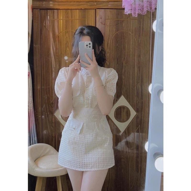 Set tơ xốp viền ngọc tiểu thư