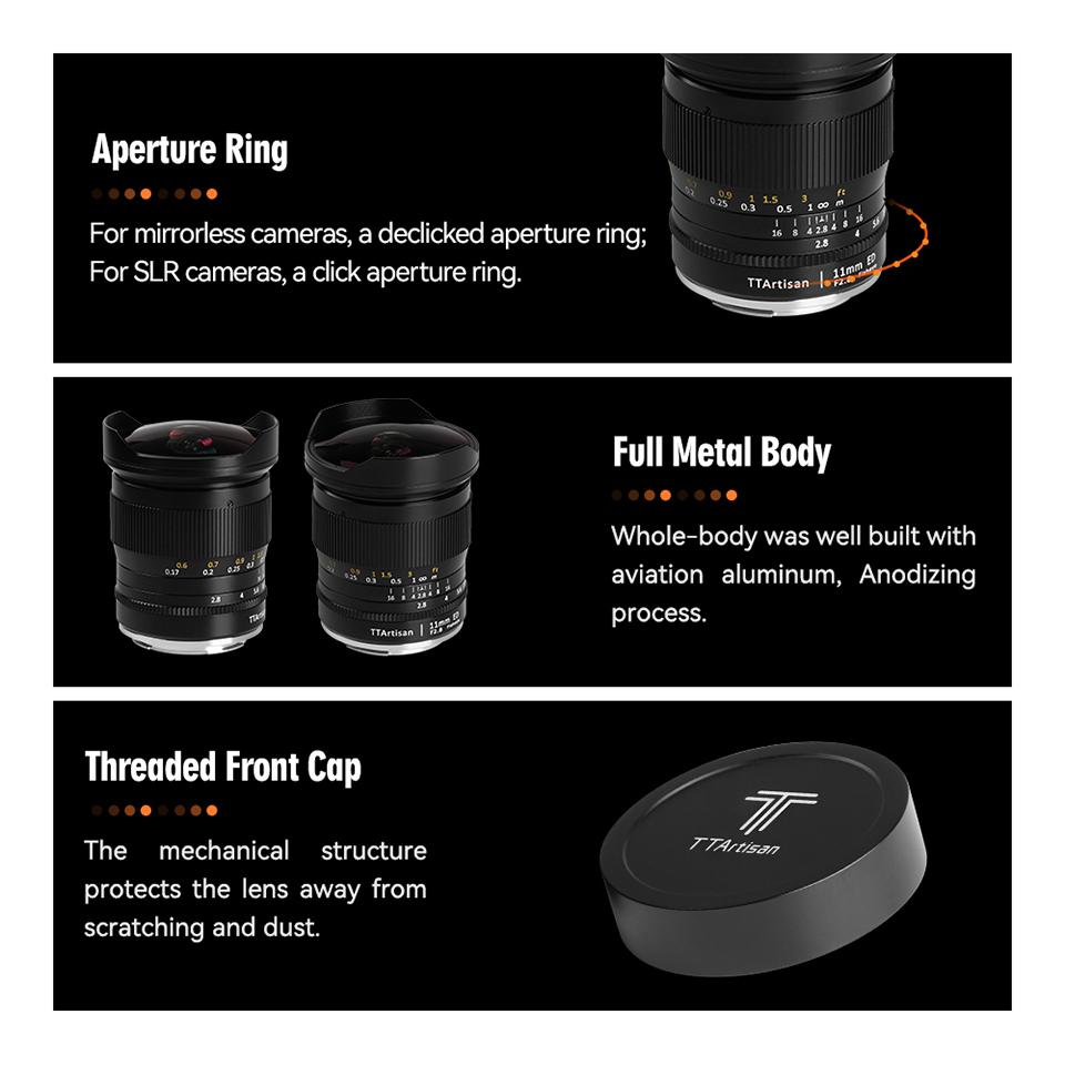 TTArtisan 11mm F2.8 Ống kính máy ảnh DSLR Full Frame MF Fisheye dành cho Canon EOS-1D X Mark III EOS 5D Nikon D6 D850 D780 Loại giao diện: Canon EF