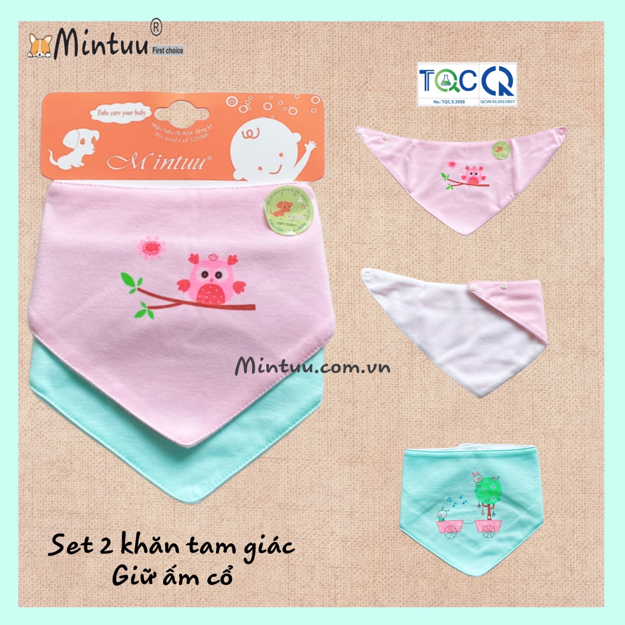 Set 2 Khăn yếm tam giác bấm nút cho bé thương hiệu MINTUU