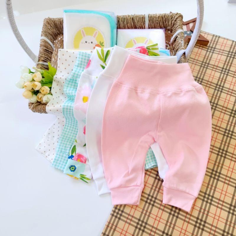 (3-10kg)  Quần sơ sinh lưng cao chất cotton mềm mịn giúp giữ ấm bụng cho bé ngủ ngon - Bunnybaby - Trắng Họa Tiết