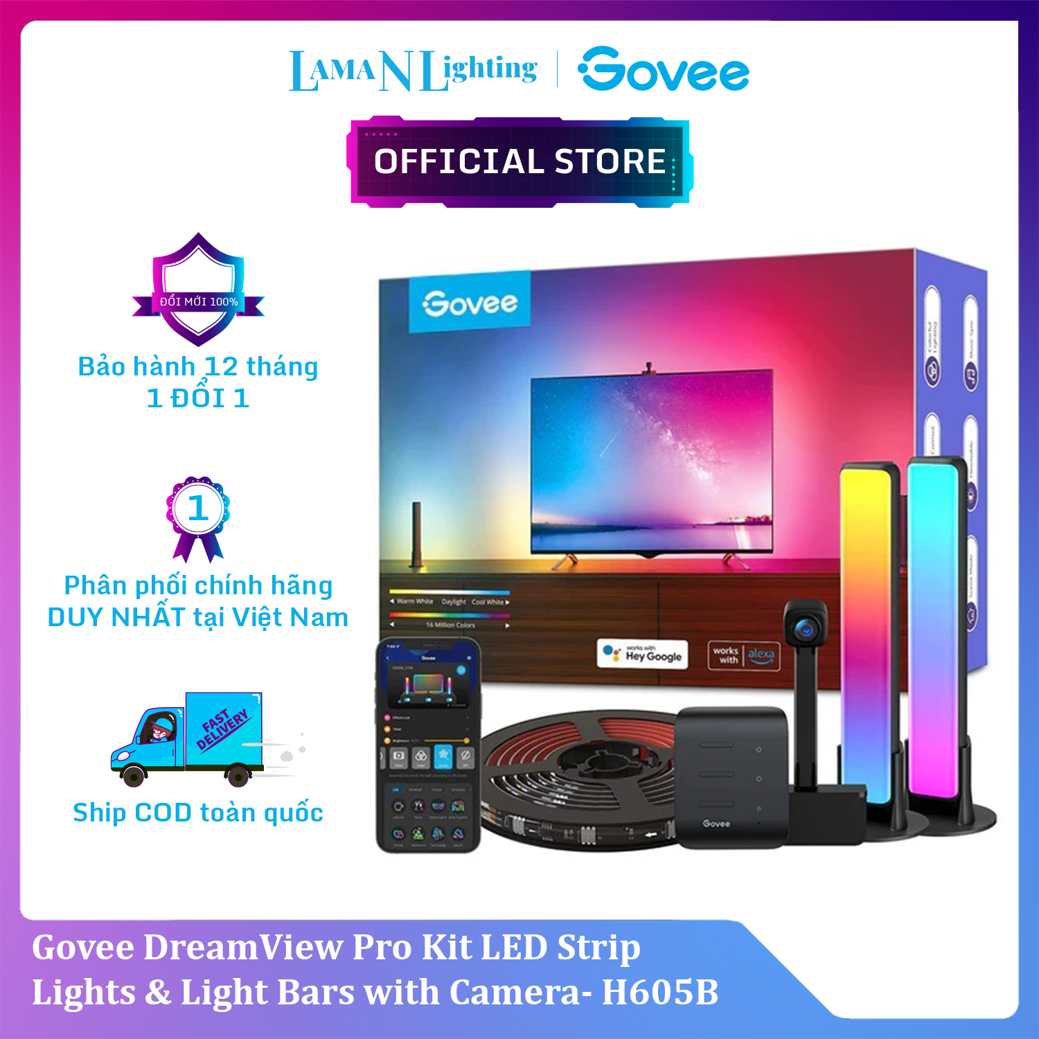 Bộ đèn LED trang trí TV Govee DreamView T1 Pro TV Backlight H605B | Kèm camera cảm biến màu thông minh | ánh sáng RGBIC