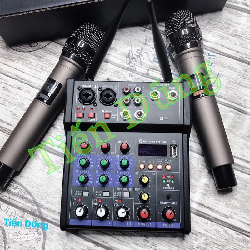 Bàn Trộn Âm Thanh Kiêm Lọc Âm Mixer G4 Kèm 2 Mic, Không Dây Tiện Lợi Oto Loa Kéo Và Các Loại Loa Khác