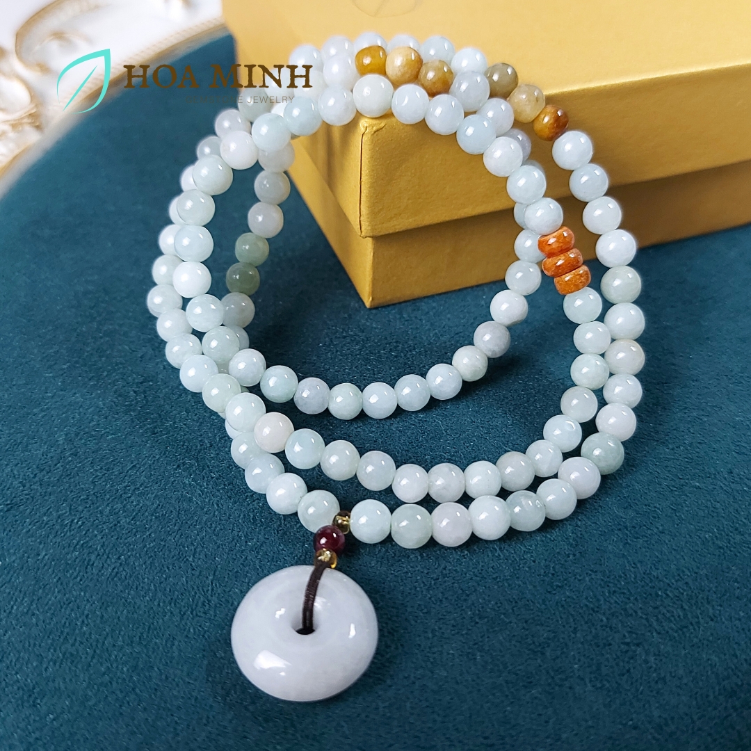 Vòng tay chuỗi 108 hạt Cẩm Thạch bạch ngọc nếp băng size hạt 5.5 li phối điếu cẩm thạch phong thủy tài lộc