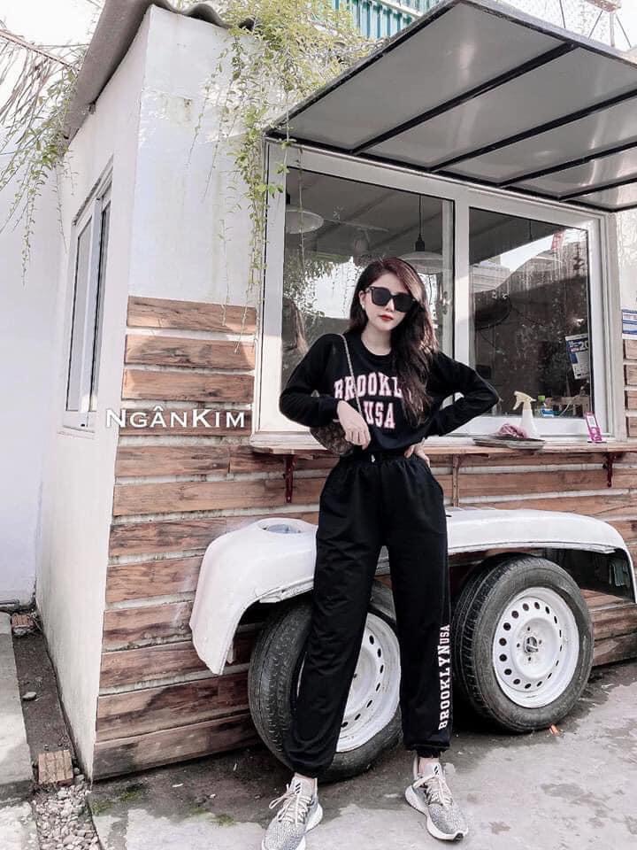 Bộ đồ quần jogger bo gấu áo dày tay dáng croptop dây rút in chữ u.s.a  2 màu chất đẹp