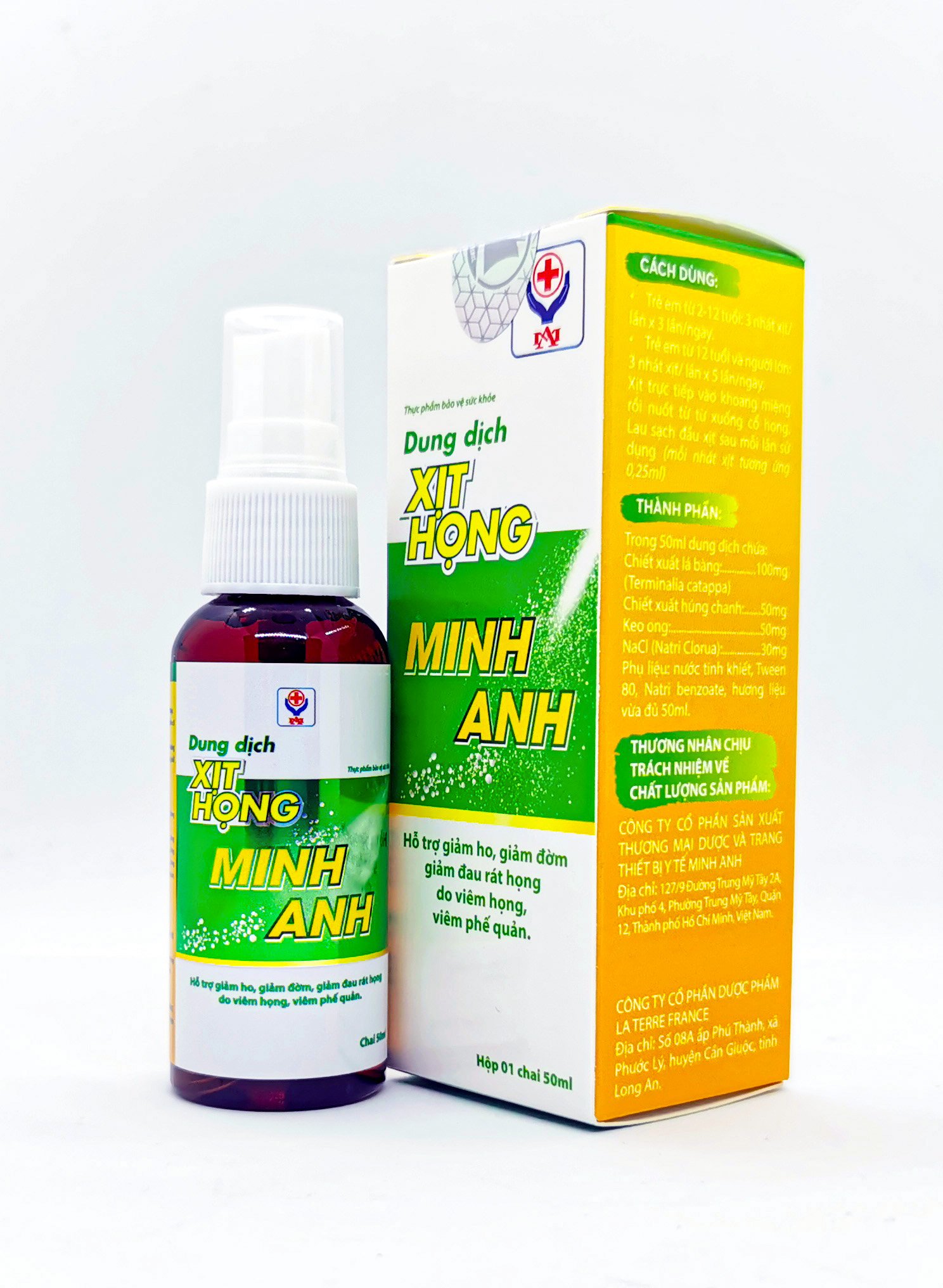 TPBVSK Dung Dịch Xịt Họng Minh Anh: Hỗ trợ giảm ho, đờm, đau rát họng do viêm họng, viêm phế quản.