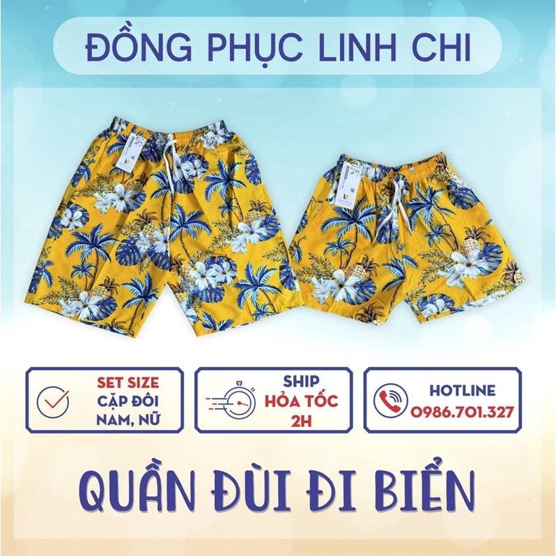 Quần đùi đi biển, quần short nhóm, quần gia đình mẫu Cây dừa vàng đủ size nam nữ trẻ em mới nhất 2022