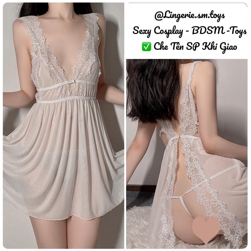 Mã QR725 Váy Ngủ Voan Phối Ren Thiết Kế Cổ V - Đầm Nữ Xẻ Tà Sau Gợi Cảm
