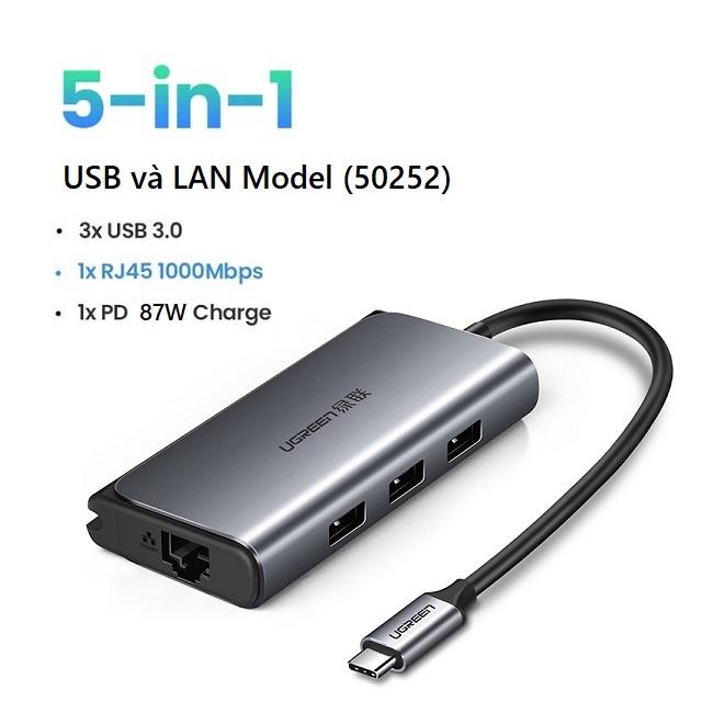 USB TYPE -C To LAN 100/1000 Kèm HUB USB 3.0 50252 | HUB 3 Cổng | Tốc độ Internet Lan: 10/100/1000Mbps