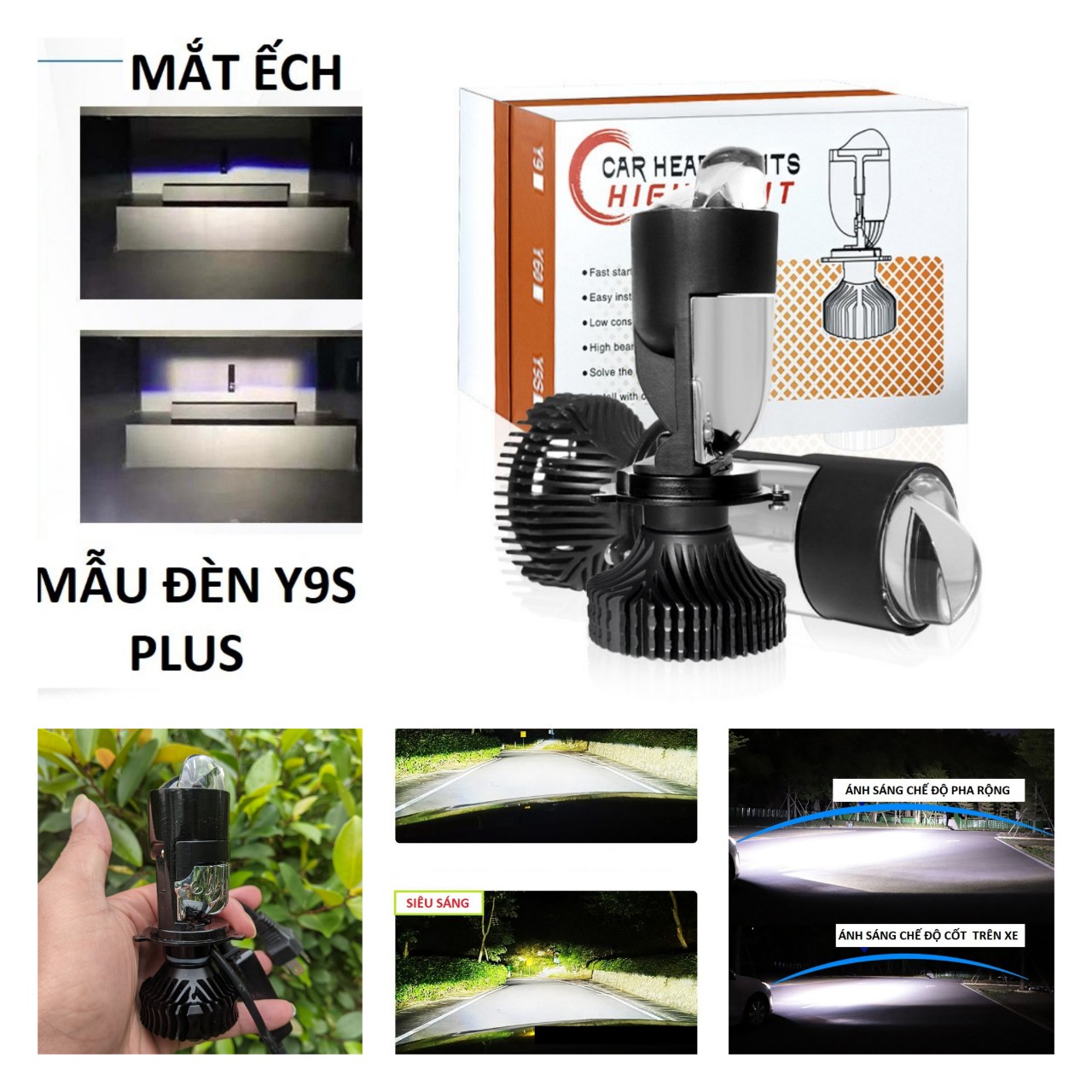 Đèn pha Led bi cầu Ô tô, Xe máy Y9S 65W mẫu mới cải tiến có pha LAZE siêu sáng hàng víp xem video, phụ kiện đồ chơi xe hơi