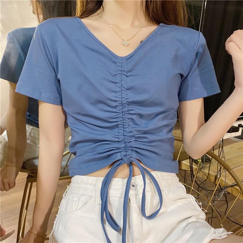 Áo thun nữ tay ngắn rút ngực cotton dày dặn, áo ulzzang nữ ngắn tay rút dây phong cách Hàn Quốc C61 - Maoshop