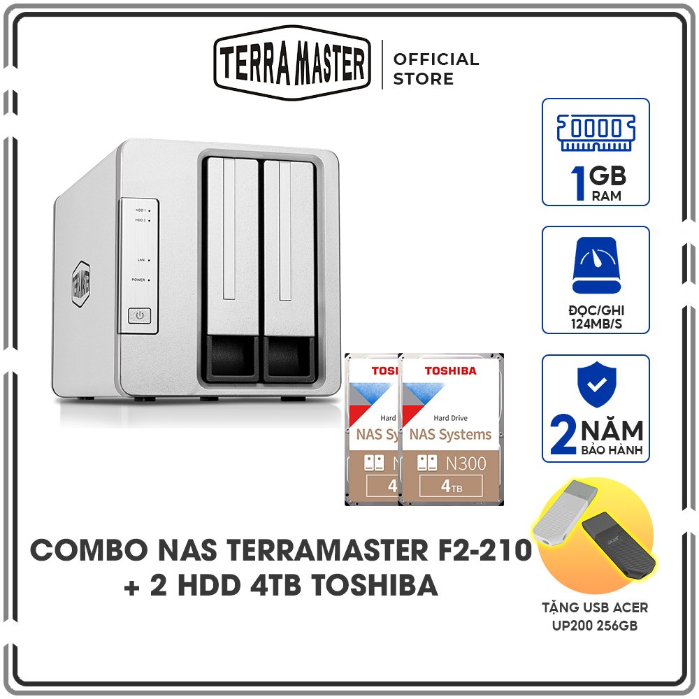 Combo Ổ cứng mạng NAS Terra Master F2-210 + Ổ cứng iHDD Toshiba N300 4TB - Hàng chính hãng