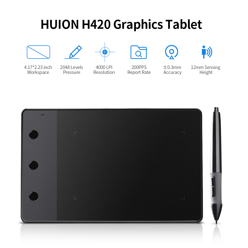 Máy tính bảng vẽ đồ họa chuyên nghiệp Huion H420 với 3 phím tắt 2048 mức Độ nhạy áp lực Bút 4000LPI