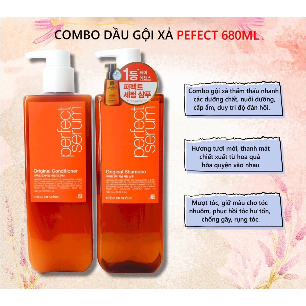 Cặp Dầu gội và dầu xả Mise En Scene Perfect Serum Hàn Quốc 680ml-màu cam phục hồi tóc hư tổn