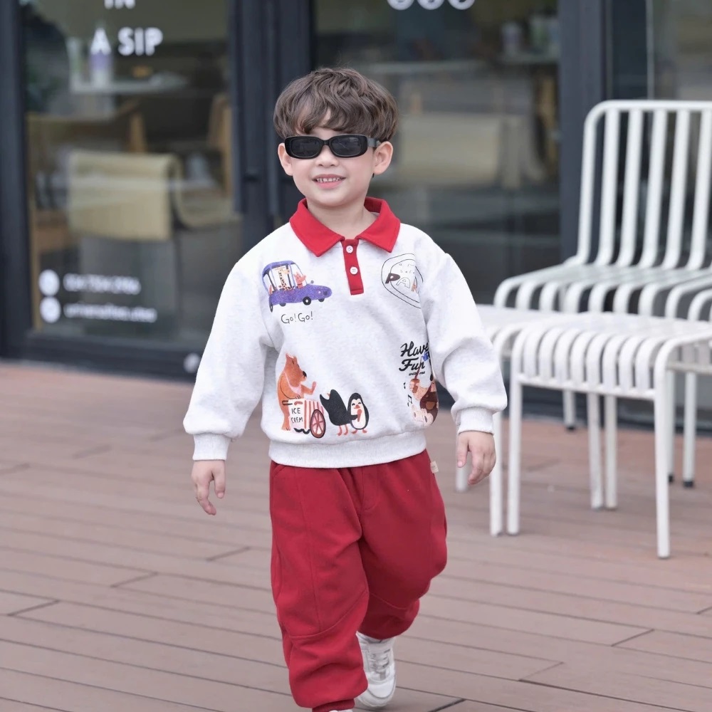 Set Áo Thun Tay Dài Cổ Polo Gấu Quần Bo Chun Cho Bé Trai 1-8 Tuổi Dành Cho Bé Trai