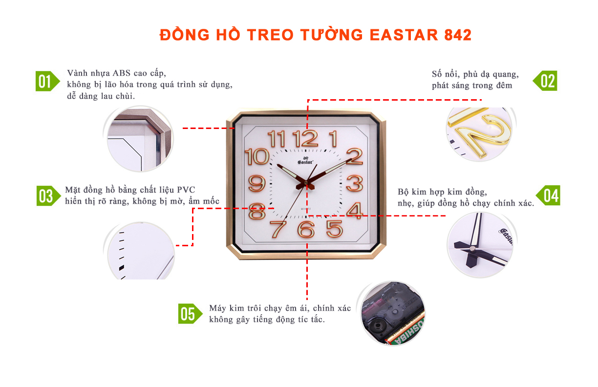 Đồng hồ Eastar  Vuông vát góc, Máy kim trôi, có Dạ quang (*)