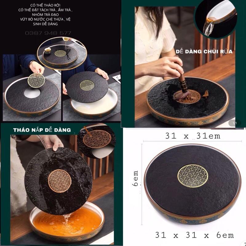Combo-Khay + Bộ ấm chén pha trà đẹp cối xay gốm sứ cao cấp , Bộ chén uống trà đạo 19 chi tiết hoa cẩm xanh , chén trắng