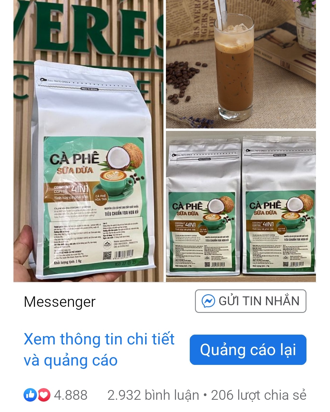 &lt; Túi Zip 1Kg &gt; Cà Phê Sữa Dừa 4IN1 COCONUT EVEREST COFFEES. Tiêu chuẩn FDA Hoa Kỳ. Hàng Việt Nam Chất Lượng Quốc Tế