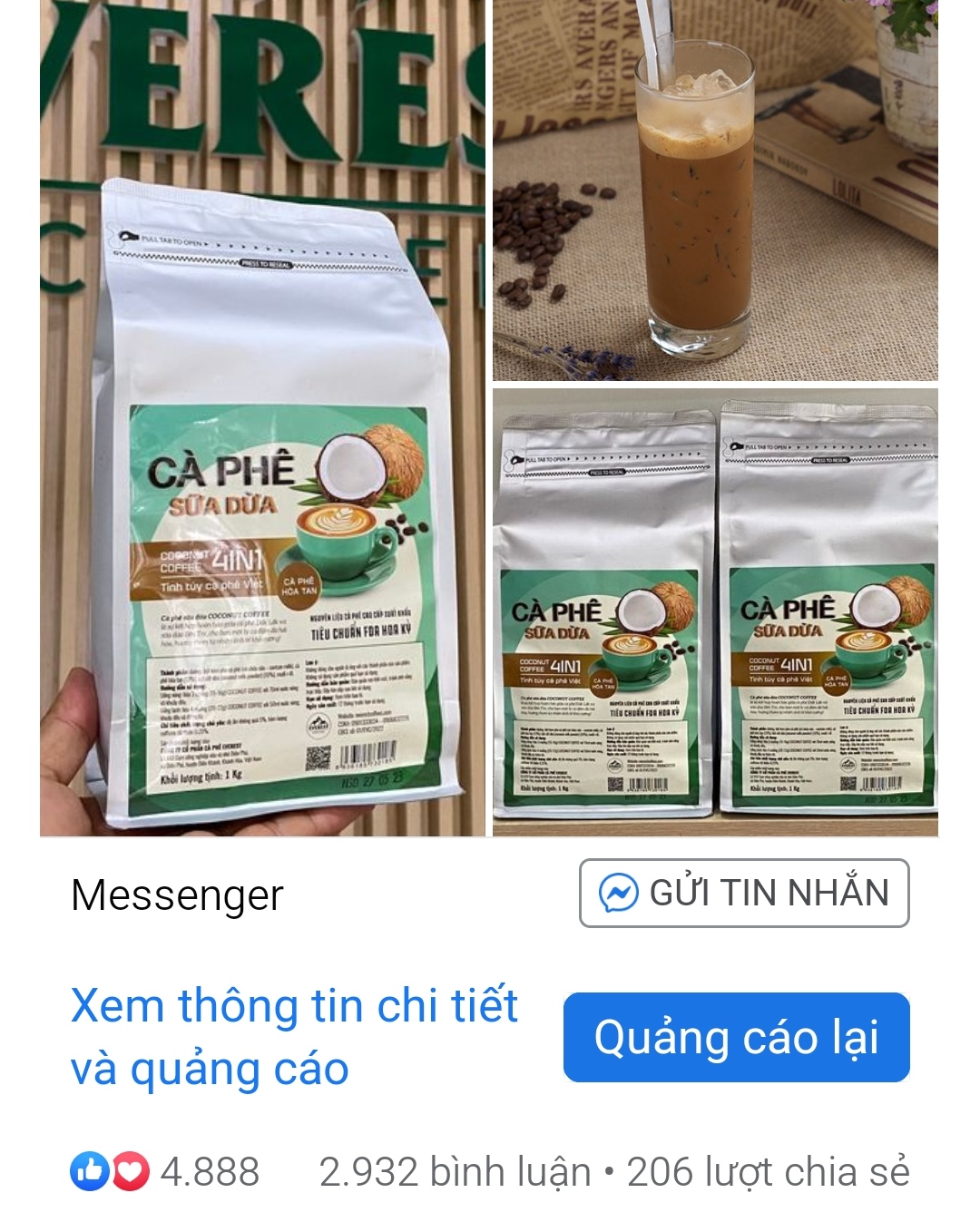 (Hộp 18 gói) Cà Phê Sữa Dừa 4in1 EVEREST COFFEES .Tiêu Chuẩn FDA Hoa Kỳ. Hàng Việt Nam Chất Lượng Xuất Khẩu Mỹ