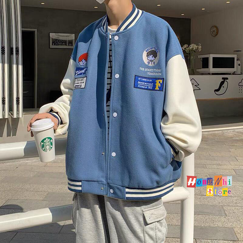 Áo Khoác Bomber Thêu Hình Cô Bé Cậu Bé Ulzzang Unisex Dáng Rộng Nam Nữ - MM