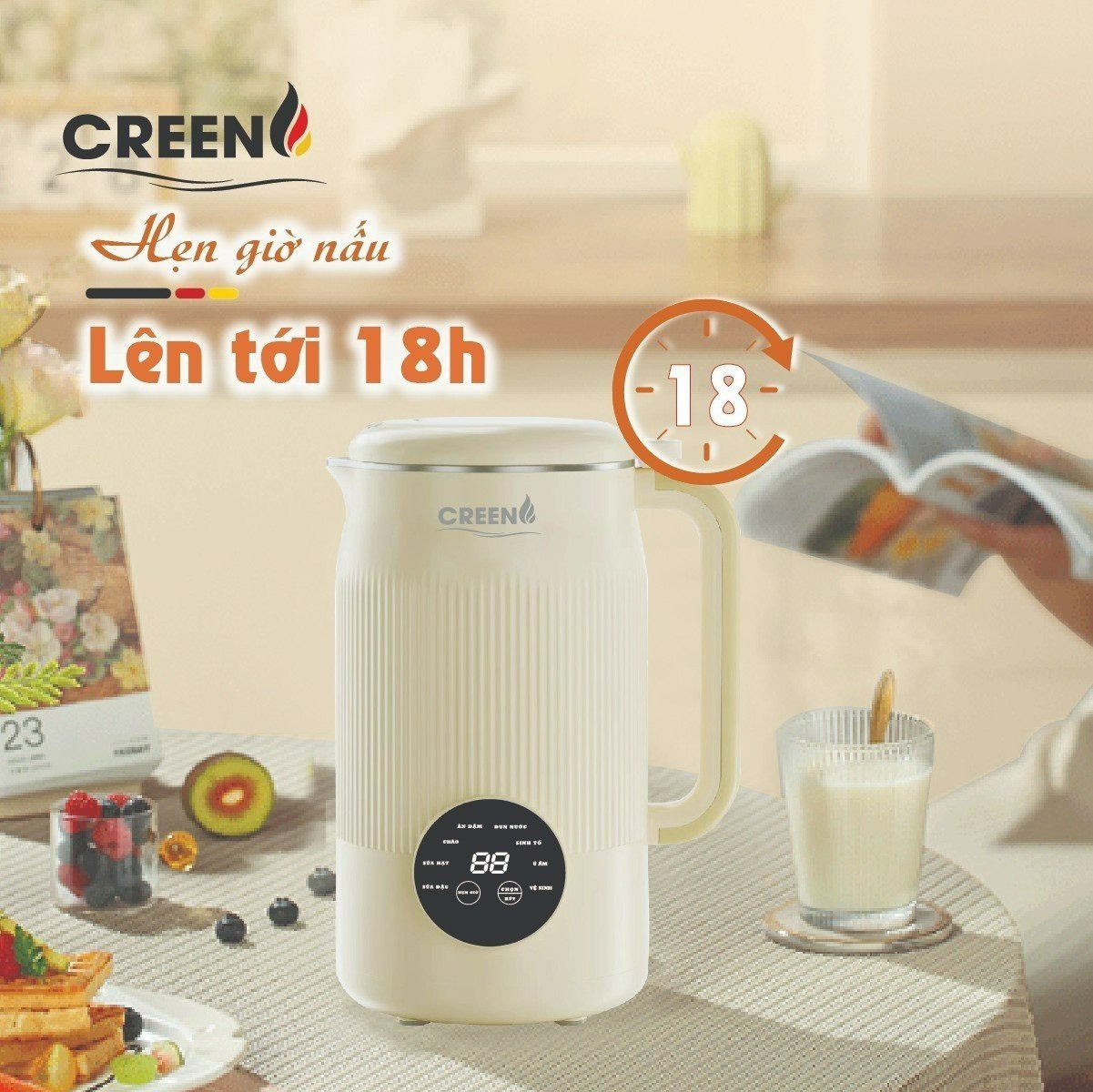 Máy làm sữa hạt mini CREEN CR-1000, dung tích 1L, 8 chức năng xay nấu, nắp chống trào, màn hình cảm ứng - Hàng chính hãng