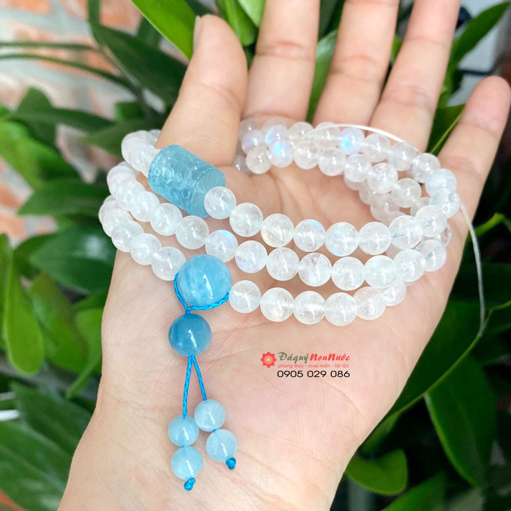 Chuỗi vòng đá thạch anh mặt trăng Moonstone 6ly mix lu thạch anh Aquamarine - đá Non Nước