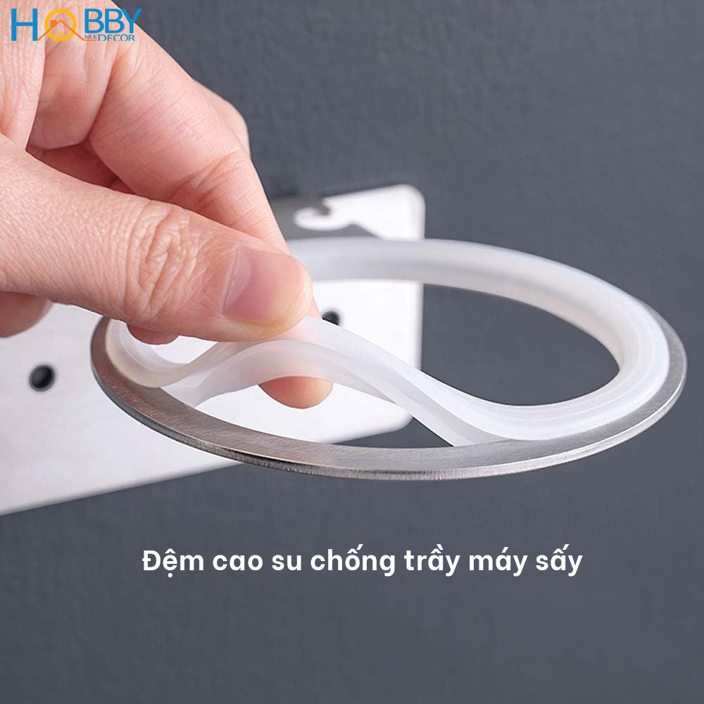 Giá treo máy sấy tóc Inox 304 HOBBY Home Decor MS2 dán tường hoặc khoan - kèm keo dán 3M siêu dính và đinh ốc