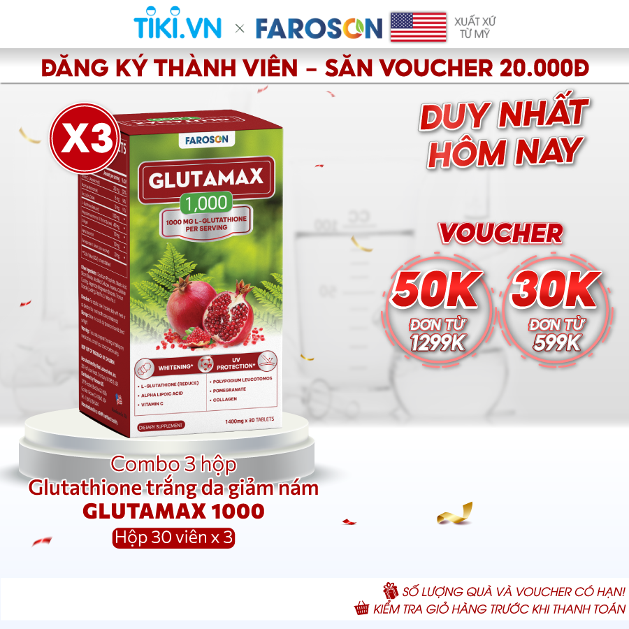 Combo 3 hộp viên uống glutathione Faroson Glutamax 1000 trắng da mờ nám chống nắng 30 viên