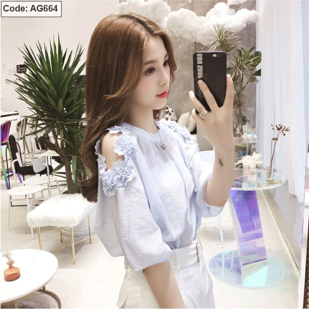 Áo Sơ Mi Nữ Vải Voan Hoa Nổi Trễ Vai AG664135