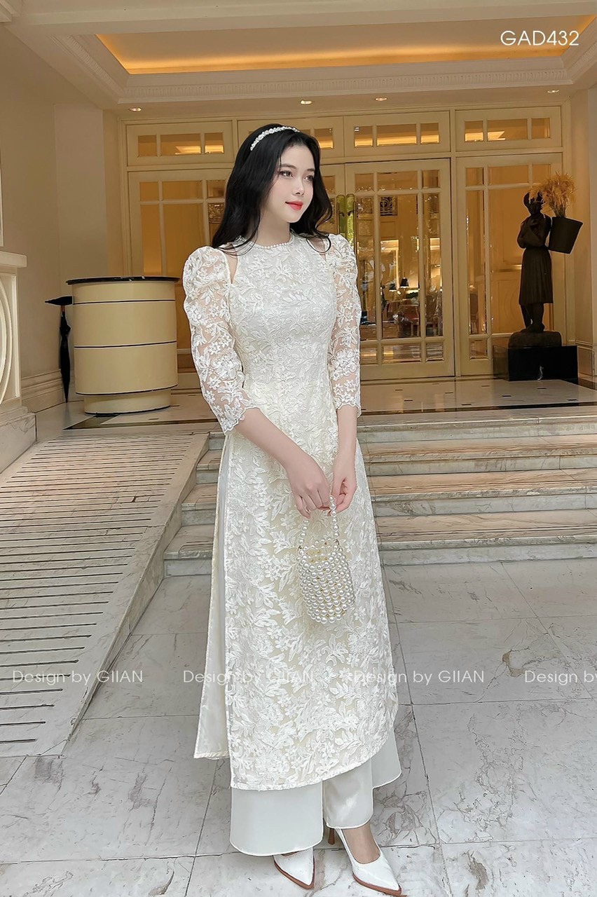 ÁO DÀI REN CAO CẤP CỔ ĐÍNH HẠT NGỌC