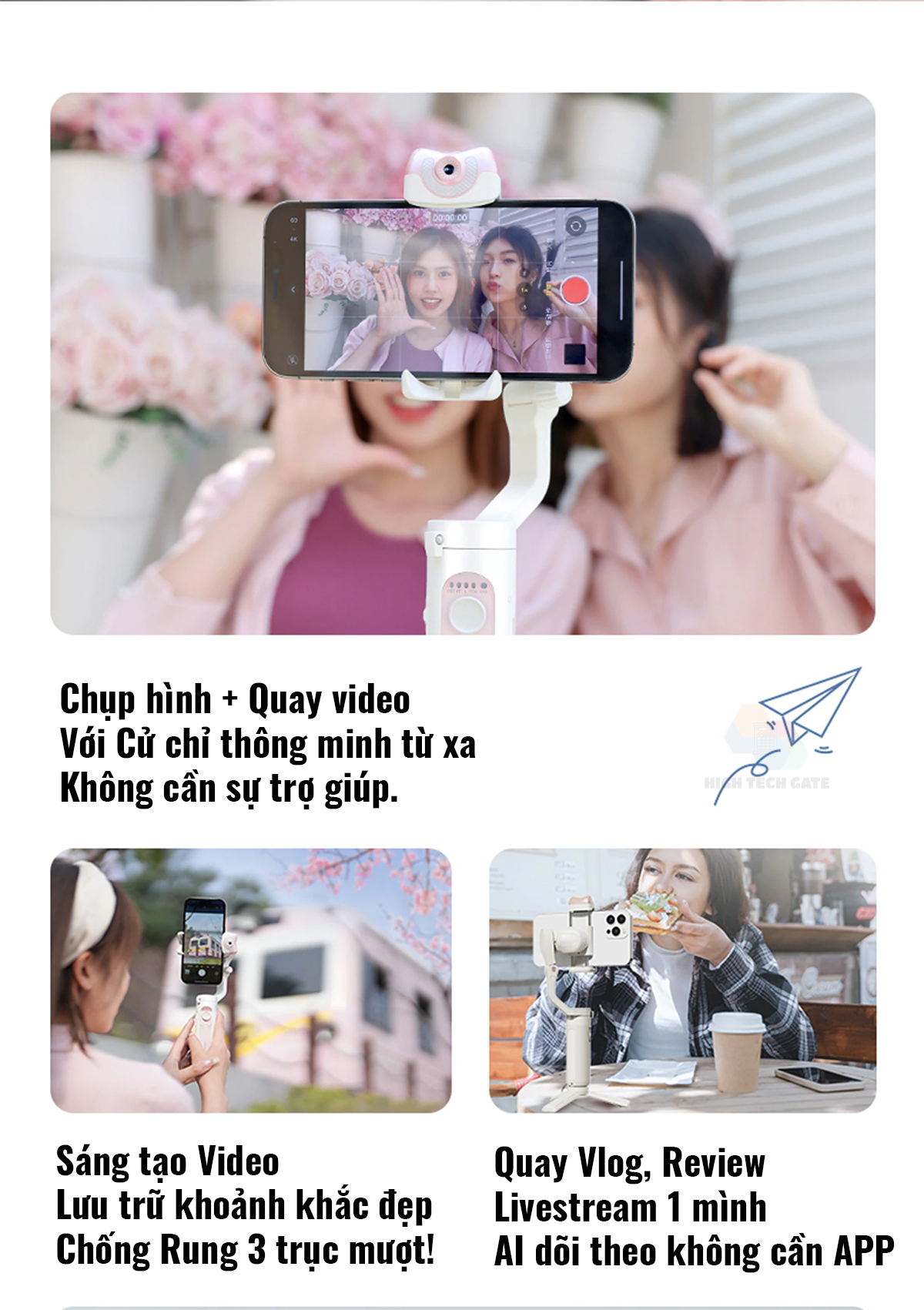 Tay cầm chống rung điện thoại V2S tích hợp camera AI độc lập, gimbal 3 trục quay video, livestream, điều khiển cử chỉ thông minh, hàng chính hãng