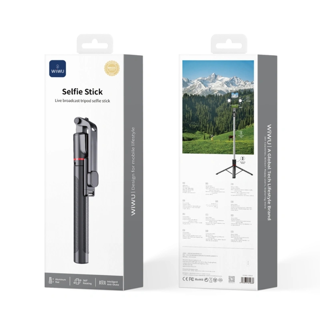 Gậy chụp ảnh selfie tự sướng kiêm tripod 3 chân, đèn Flash trợ sáng hiệu WlWU Wi-SEO15 - Tích hợp remote control bluetooth, Xoay 360 độ, thân nhôm, kéo dài 1,8m, chắc chắn, bền bỉ, gập gọn, pin sạc type C cho iPhone Oppo Samsung - Hàng nhập khẩu