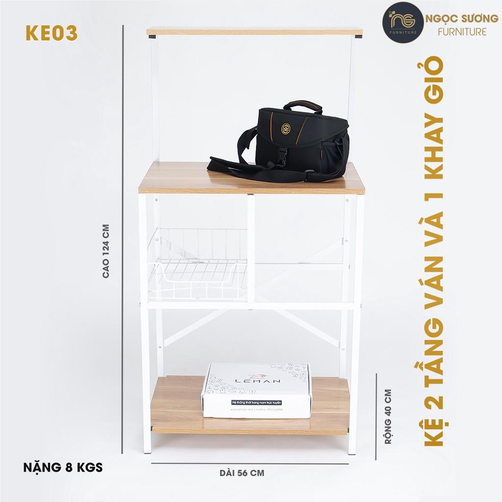 Kệ bếp đa năng 2 tầng ván và 1 khay giỏ KE03 dài 56cm x rộng 40cm x cao 124cm