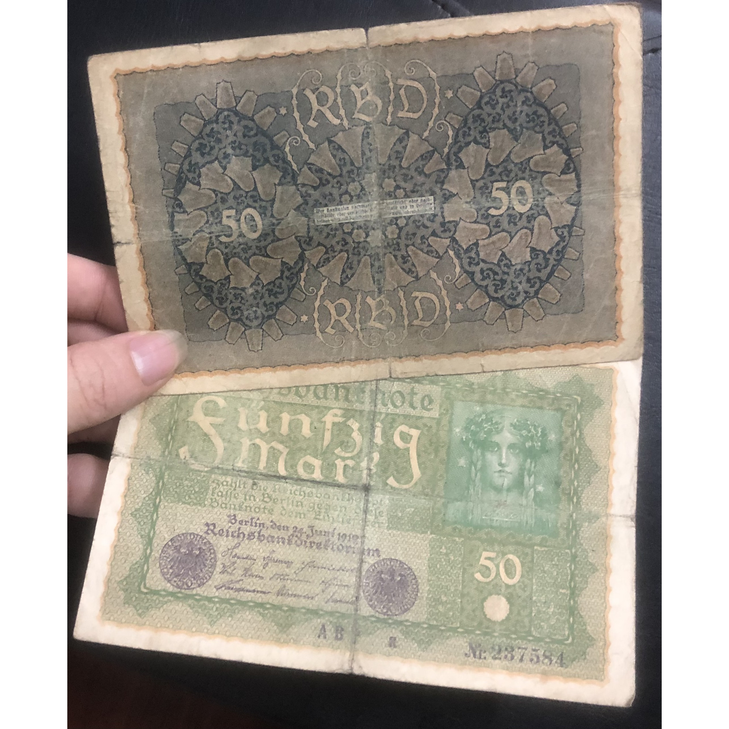 Tiền Đức 50 mark 1912 sưu tầm hơn 100 năm tuổi, có phơi bảo quản sang trọng đi kèm