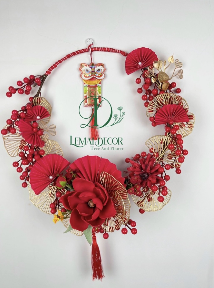 Vòng hoa, mẹt hoa, quạt hoa treo – Nhiều mẫu mã – Đường kính từ 30 đến 40 cm – Cây giả, hoa lụa decor trang trí Tết – Vòng treo phong thuỷ, hút tài lộc