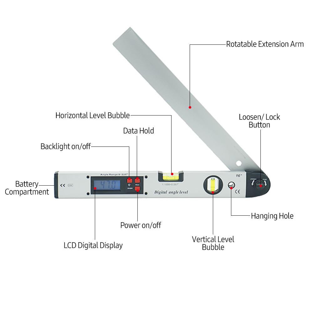 16-inch 225-degree Digital Angle Level LCD Electric Protractor with Horizontal Vertical Level Bubbles Aluminum Alloy Woodworking Angle Gauge