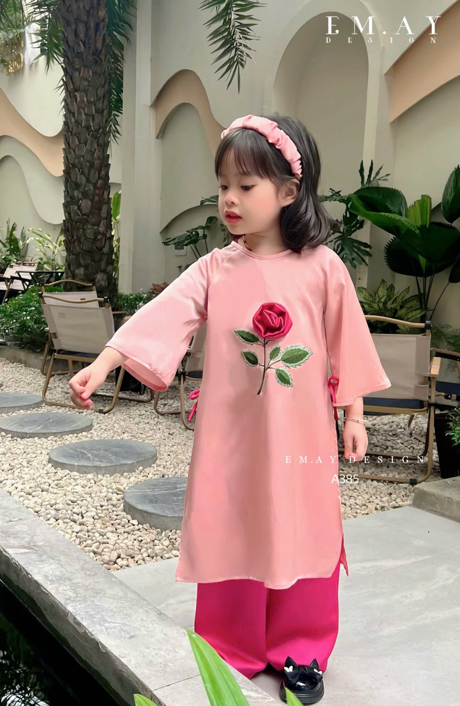 Áo dài cho bé gái mẫu Hoa hồng mùa xuân xinh xắn diện lễ tết năm mới từ 12-50kg hàng thiết kế cao cấp
